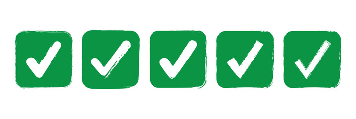 Set of check marks drawn with brush strokes. Approval symbol. Green tick mark symbol on isolated background. Vector.
