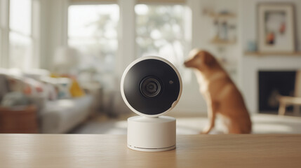Modern Home Security Camera on Wooden Table with Dog in Bright Living Room