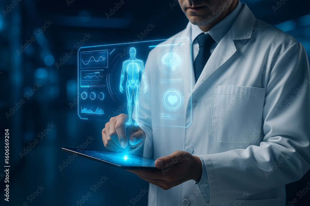 Poster ai generated ultra realistic doctor using tablet with floating medical hologram in blue light repres