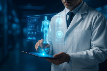 AI generated ultra realistic doctor using tablet with floating medical hologram in blue light representing advanced health analysis and digital interaction in sci fi clinical future