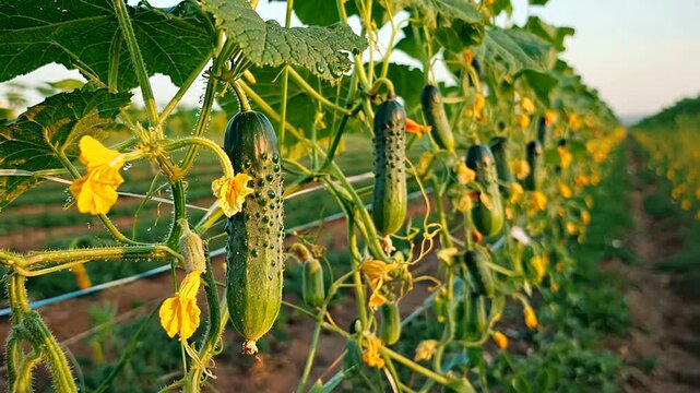 Rows of fresh cucumbers growing on vines with yellow flowers in a sunny agricultural field