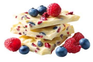 On transparent background a stack of white chocolate bars is artfully topped with fresh raspberries and