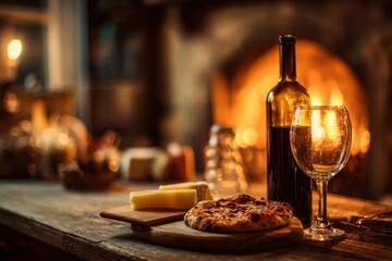 A wine bottle and glass stand near a pizza and cheese on a wood table with a warm blurred fireplace in the background