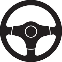 A simple black and white graphic illustration of a steering wheel on a white background surface