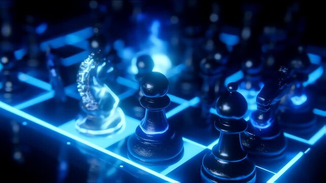 Illuminated Chess Pieces with Neon Blue Board