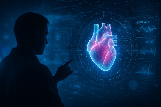 AI generated digital heart hologram floats in AR interface with glowing blue and pink light showing real time cardiology data in futuristic medical dashboard - Powered by Adobe