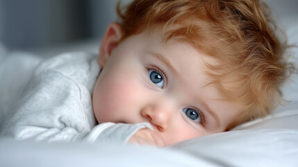 Young Child with Bright Blue Eyes Resting on White Pillow in Soft Natural Light