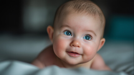 Cute Baby with Bright Blue Eyes Lying on Bed in Soft Natural Light