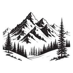 Majestic snow capped mountain range with pine trees in a dramatic black and white sketch