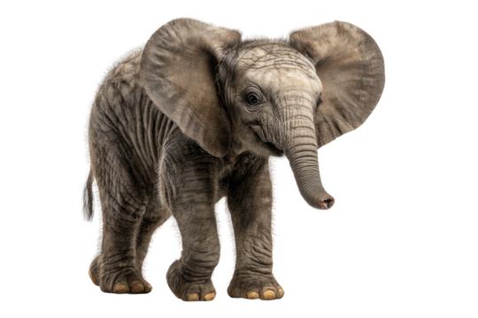 Playful baby elephant in nature wildlife photography outdoor setting. Isolated on transparent background, png.