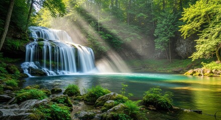 Sunlit waterfall cascading into tranquil pool, lush forest backdrop