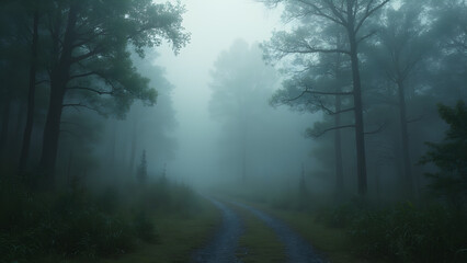 Fototapeta premium Foggy forest beauty. Haunting fog in woods. Ultra realistic fog landscape. Mystical forest fog photography.
