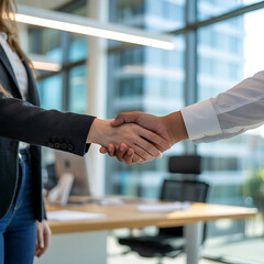 Two business professionals shaking hands in a modern office setting