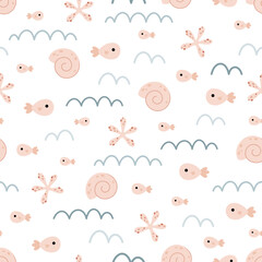 Ocean seamless pattern with cute fish, shell, starfish, waves. Adorable sea hand drawn vector background