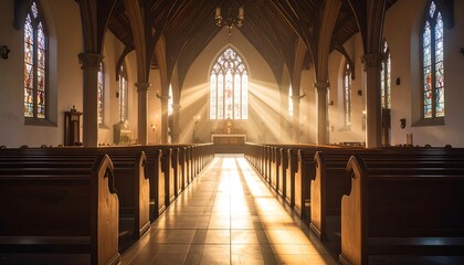 Sunlight beams through church interior.