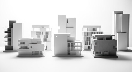 Fototapeta premium Geometric white models of buildings on a white surface; bright