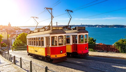 Tram cars on a hillside overlooking a city