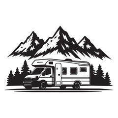 Vintage style illustration of a white camper van parked in front of a majestic mountain range with pine trees
