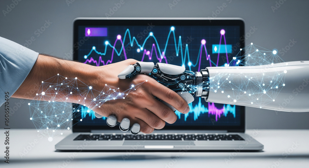Fototapete man's hand shakes cyborg's hand, human-artificial intelligence interaction through laptop screen. fu