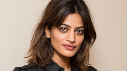 Young Woman with Shoulder Length Hair Wearing Black Shirt in Neutral Studio Setting