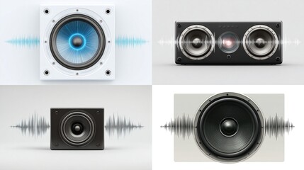 Compilation of audio devices, showcasing different speakers, generating sonic waves, with various designs