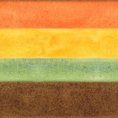 Fototapeta premium Seamless background pattern of green, yellow, orange and brown colors. Watercolor illustration hand-drawn with brushes, textured. Drawing for background, cards, textile, paper. Color, brush, texture
