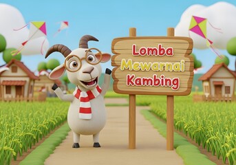 Lomba Mewarnai Kambing: A cheerful goat invites you to a coloring contest in a vibrant rural landscape, kites soaring in the sky above rice paddies.