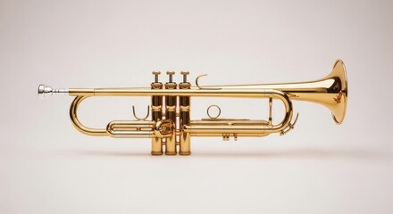 Obraz premium Gleaming brass trumpet with valves, mouthpiece, and bell on neutral backdrop