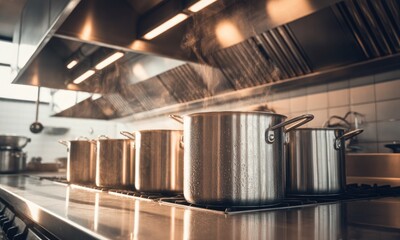 Gleaming pots simmer under a vent, steam rising in a commercial kitchen