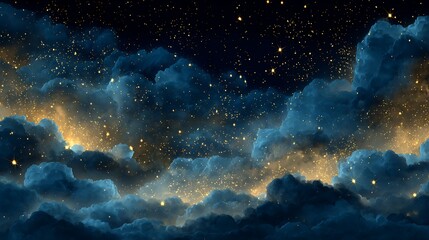 Magical night sky with golden stars and luminous clouds in a painting