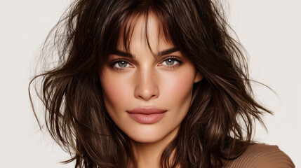 Young Woman with Wavy Brown Hair and Natural Makeup Looking Confidently