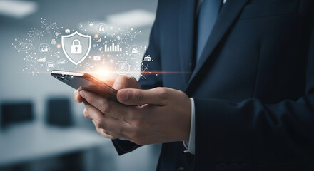 Man in suit using smartphone with digital data security shield overlay and icon connections display