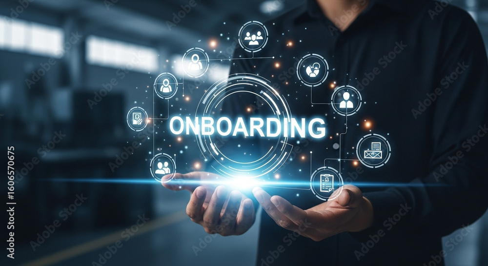 Poster onboarding concept presented by a person with digital icons floating above their hands in dark setti