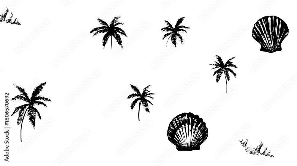 Poster black and white drawing of palm trees and seashells scattered across a white background in a pattern
