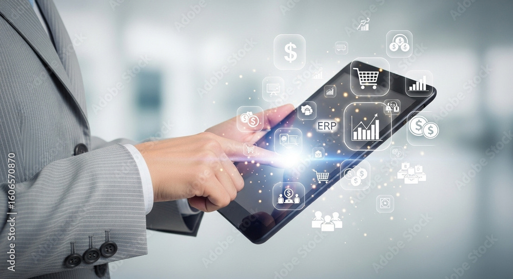 Poster person in suit using tablet with floating business and finance icons in a blurred background