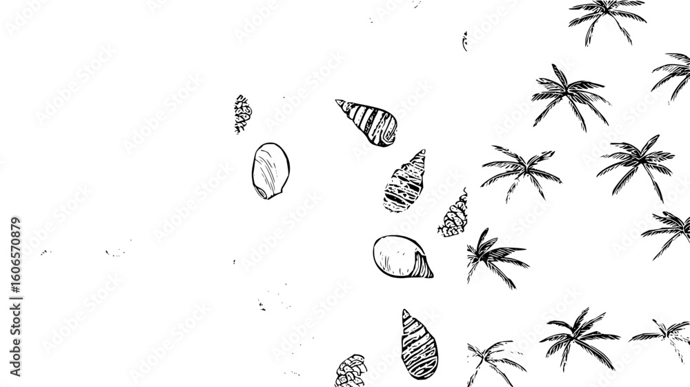 Poster a sketch of shells and palm trees scattered across a white background in a simple black and white st