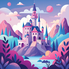 Whimsical fairytale castle vector illustration at night, featuring a majestic medieval tower and glowing fantasy architecture