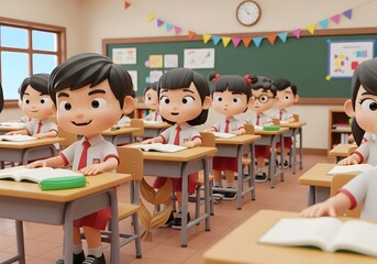Adorable 3D Render of Students in a Classroom Setting