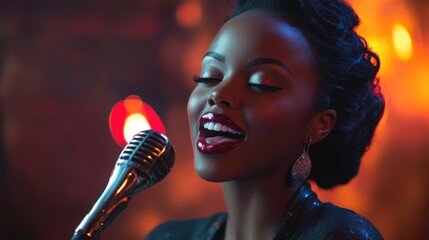 African female singer performing with passion in vibrant concert setting. International Jazz Day