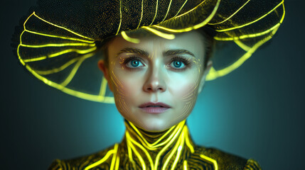 Futuristic Woman Wears Neon Lighted Headpiece and Body Suit in Dark Studio
