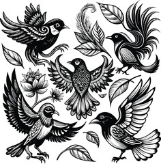 Fototapeta premium Black vector illustration of flying wild birds, including an eagle, perfect for a tattoo design or nature-inspired art