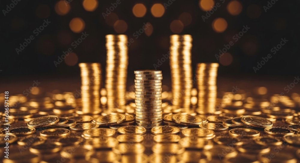 Poster golden coins stacked, arrayed across table, shimmering bokeh background