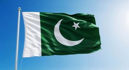 Pakistan Flag Waving on a Pole Against a Blue Sky