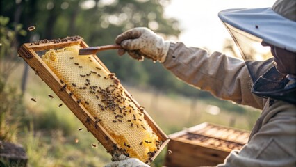 Beekeeper Inspecting Honeycomb Frame with Bees