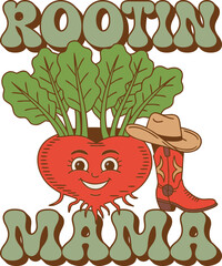 Rootin’ Mama – Retro Wavy Groovy SVG Typography T-Shirt Design Embracing Motherhood, Strength, and Natural Vibes