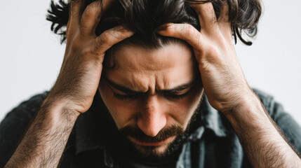Frustrated Young Man Holding Head with Hands in Stressful Moment