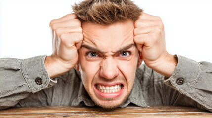 Frustrated Young Man Clenching Head with Angry Expression in Studio