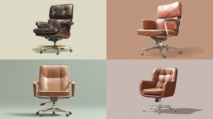 Four mid-century style leather office chairs showcased against different colored backdrops