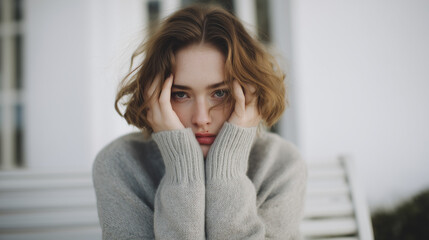 Young Woman with Wavy Hair Wearing Gray Sweater Sitting Outdoors