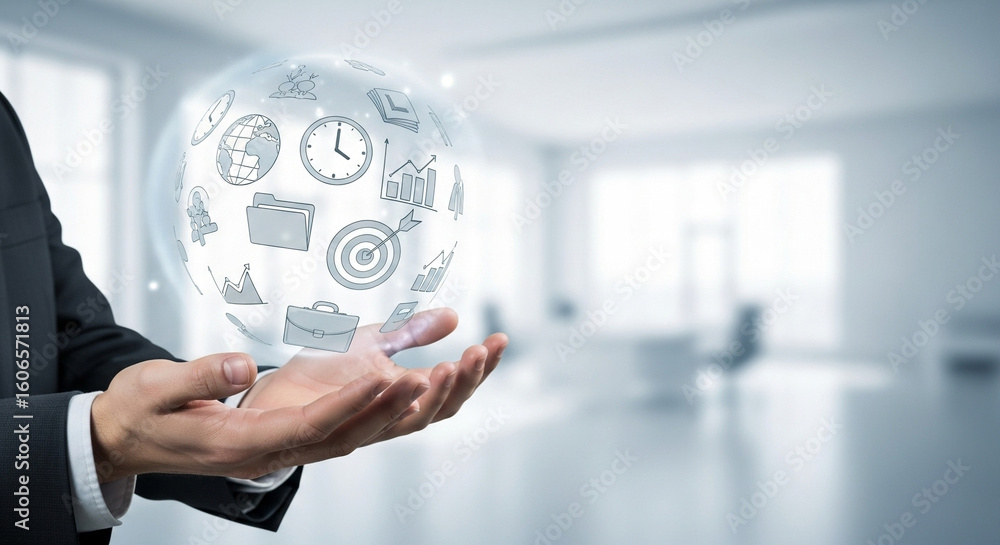 Poster man in suit holding globe with business icons in hands in bright office setting with blurred backgro